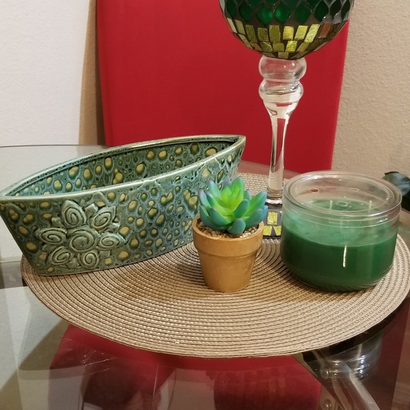 3 PIECE GREEN & GOLD MOSIAC CANDLE HOLDER/ BOWL/PLANTER, CANDLE BUNDLE SET - Picture 7 of 13